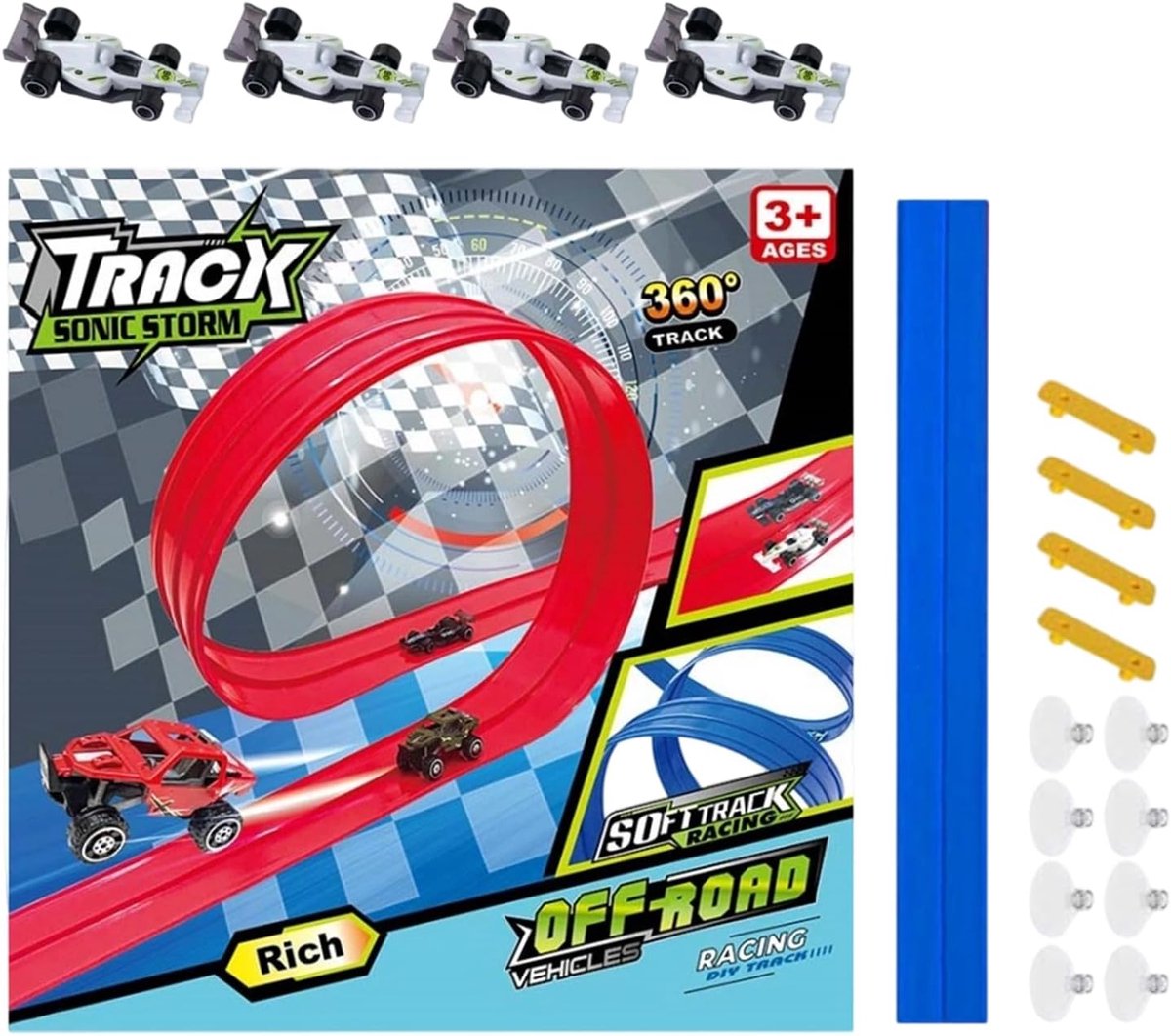 Flexibele racebaan - Buigzame baan - Kinderspel - Oprolbaar en draagbaar - 4 meter lengte - Blauw