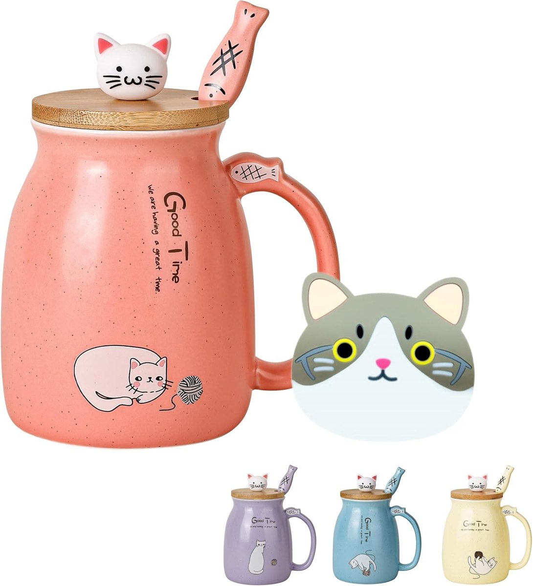 Katten Mok - Koffie Thee Cup - Warme Dranken - Met Bamboe Deksel - 10 x 10 x 12 cm