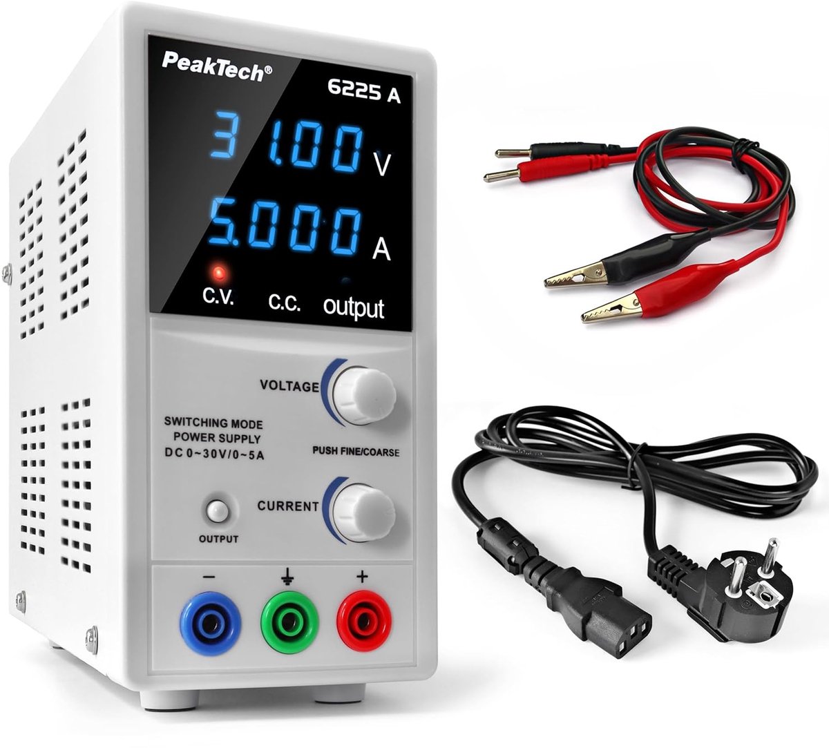 Regelbare laboratoriumvoeding 0-30V / 0-5A met LED-indicator en kortsluitbeveiliging