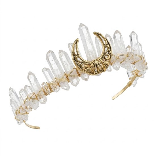 Diadème couleur or avec cristaux blancs et pendentif lune – diadème pour dames – bandeau fantaisie avec look pierre précieuse et motif lune – adapté aux festivals, mariages et séances photo