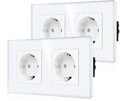 CNBINGO Dubbel stopcontact, glas, inbouw, wit, dubbel Schuko-stopcontact met kinderslot, 16 ampère, beschermend, met glazen frame, 2 stuks