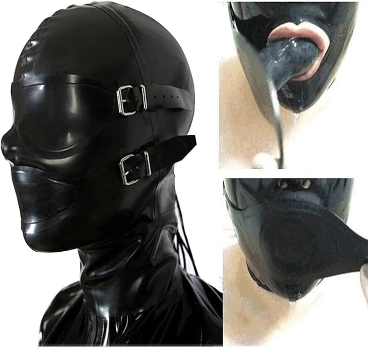 OUYLAF latex masker bdsm - latex bdsm - latex hood - latex masker erotiek - Unisex - Gespen en riemen - latex fetish - oogmasker - bdsm masker - bdsm masker met gag (L)