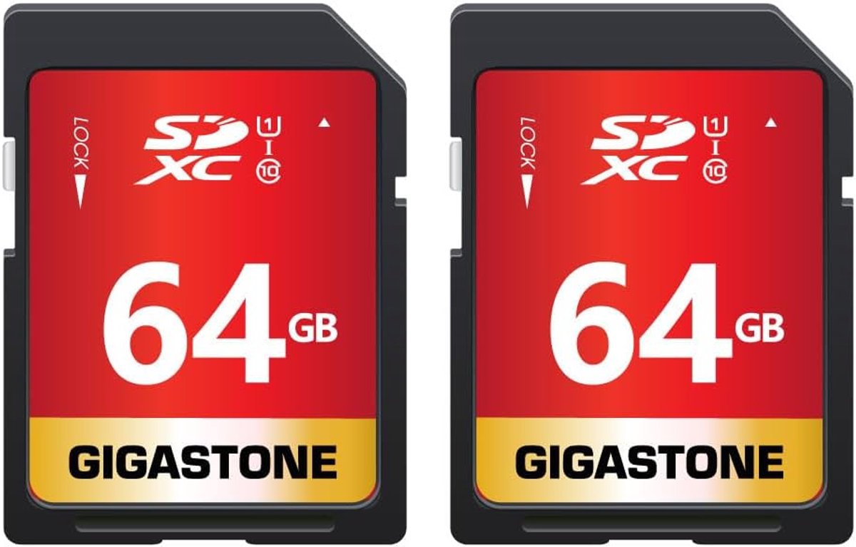 Gigastone 64 GB SDXC-geheugenkaart, set van 2 kaarten, premium serie, overdrachtssnelheid tot 80 MB/s. voor foto's, video's, muziek, bestanden, camcorder, camera, pc, klasse 10 U1 UHS-I