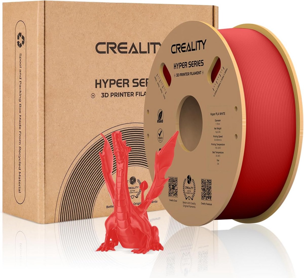 PLA Filament Hyper Series voor 3D Printers - 1.75mm, 1kg Spoel, Supersnelle Print Snelheid 30-600mm/s - Rood