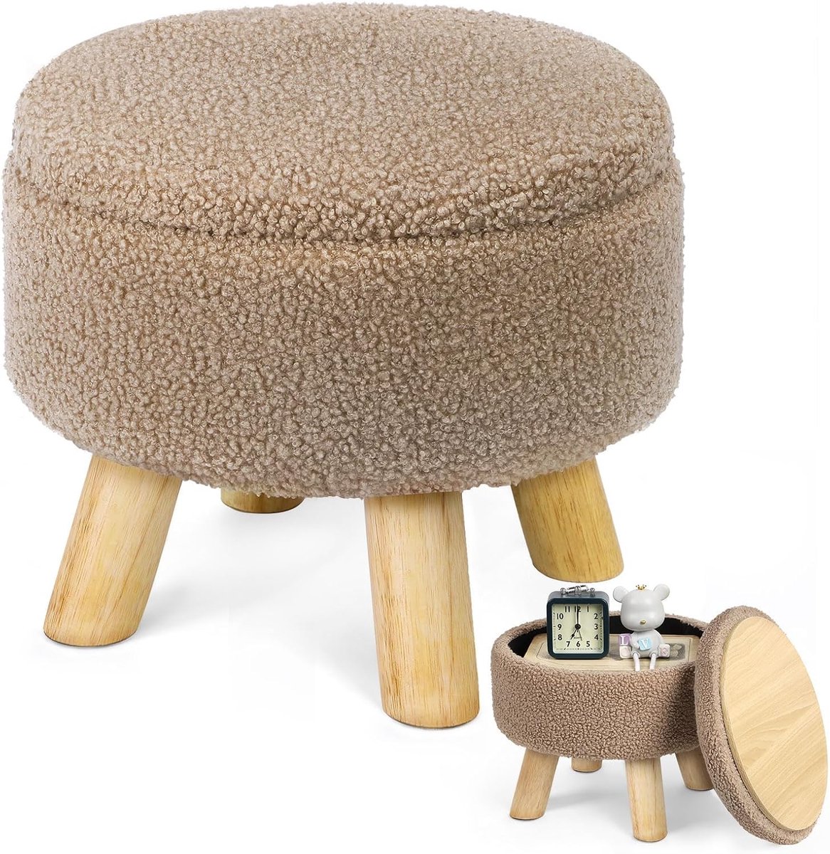 LIANTRAL Ronde kruk, teddy fluwelen voetenbank met opbergruimte, afneembaar deksel, houten steun, moderne gestoffeerde kruk, make-upkruk voor woonkamer, slaapkamer, 31,7 x 31,7 x 28 cm, camelbruin
