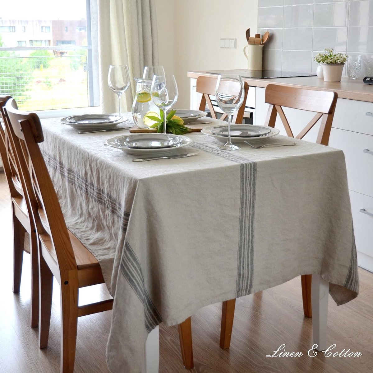 Linen & Cotton Luxe Vintage Shabby Chic Rustiek Landelijk Tafelkleed Provence - 100% Linnen, Beige Natuurlijk Blauw (136 x 136 cm) Tafellaken Dicke Stof voor Huis Keuken Eettafel Woonkamer Kerstmis