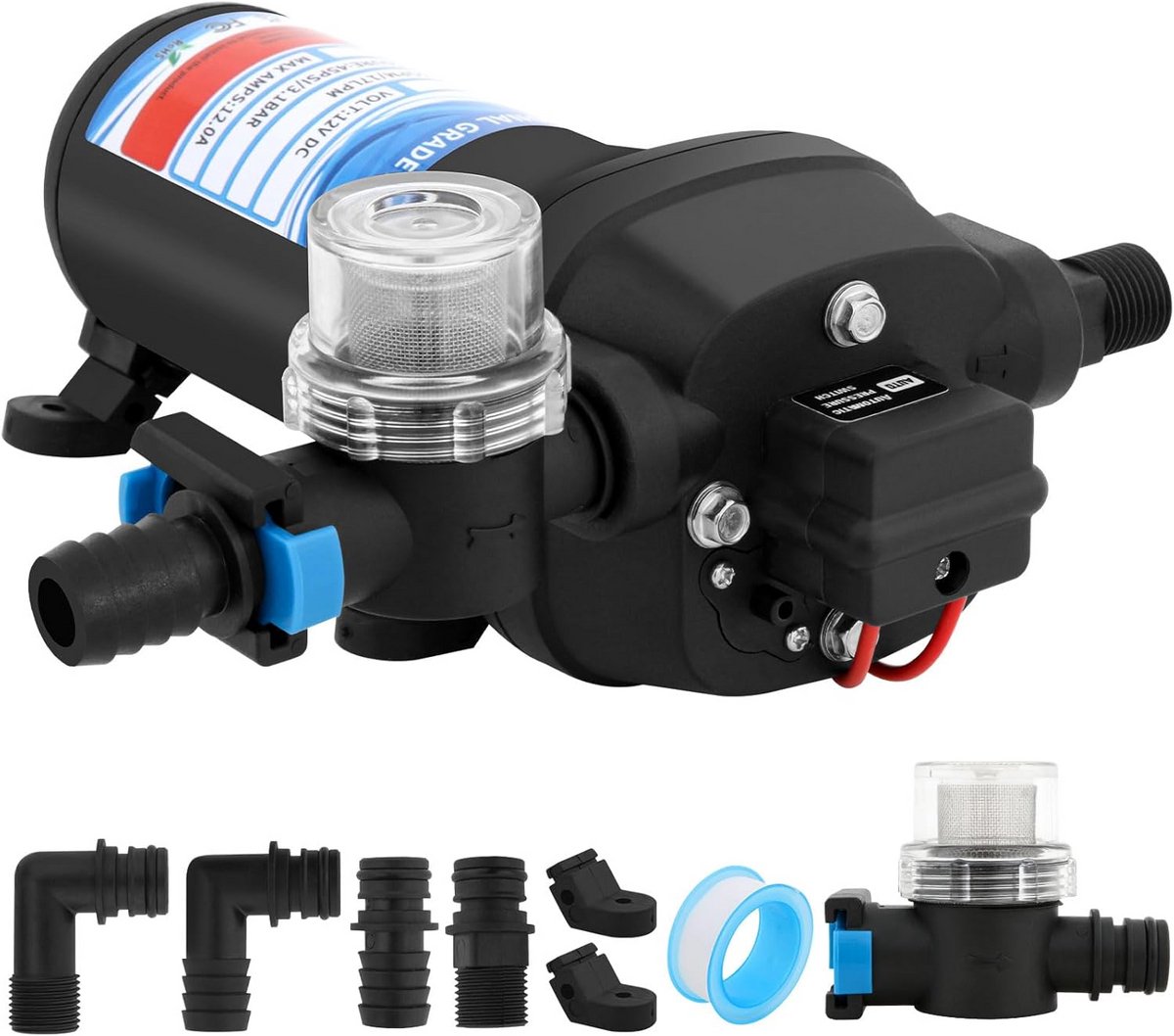 Automatische waterpomp 12V - 40 psi, zelfaanzuigend en overbelastingsbeveiliging voor caravan, boot en tuinirrigatie
