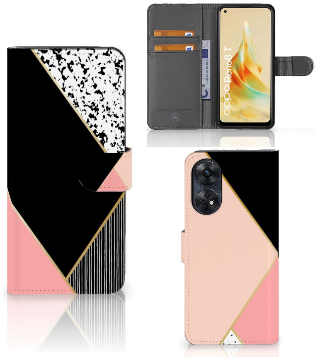 OPPO Reno8 T 4G Book Case Zwart Roze Vormen