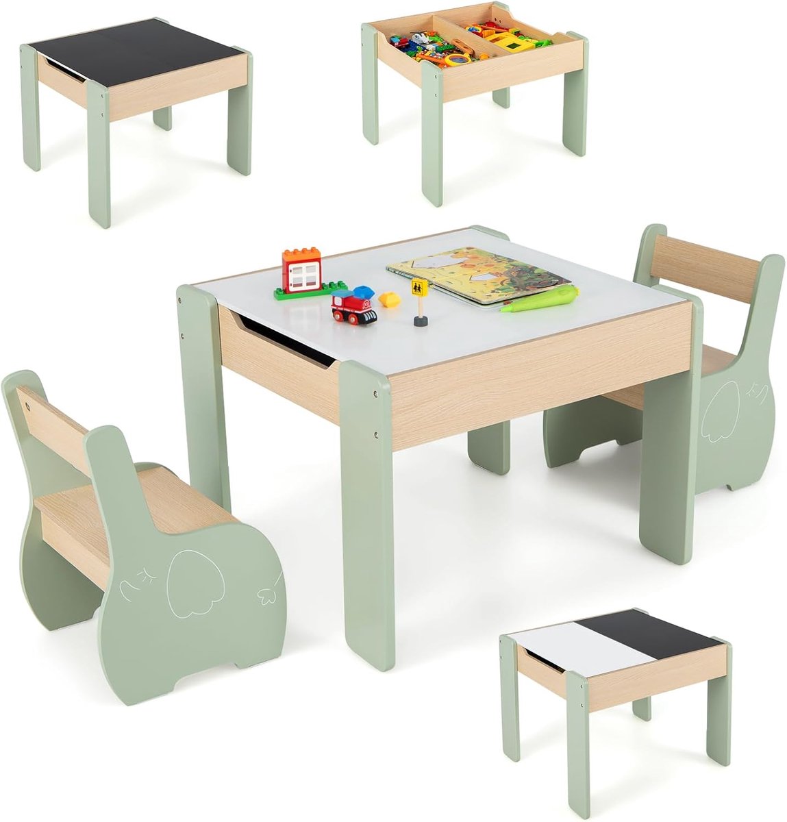 Kindertafel met 2 stoelen - Leuke kinderzitset met verborgen opslag en schreefbord functie