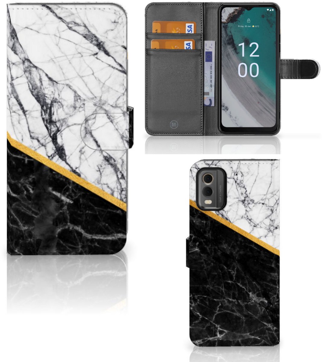 Nokia C32 Bookcase Marmer Wit Zwart - Origineel Cadeau Man