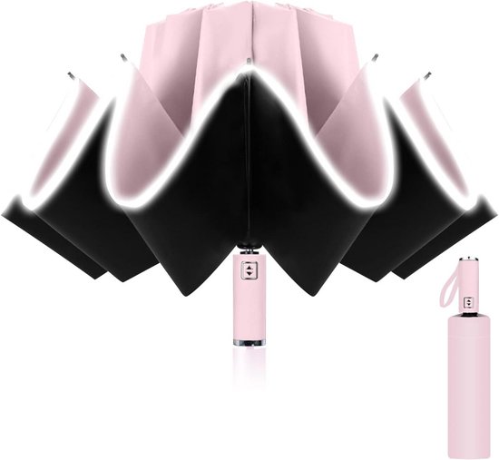 Parapluie réversible rose et noir partiellement ouvert, avec un manche rose. À côté, le parapluie fermé dans sa housse.