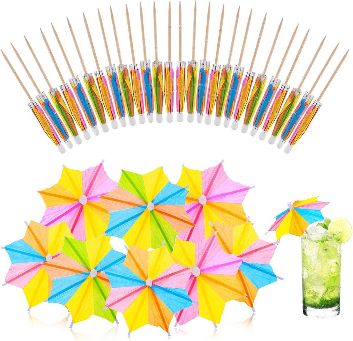 Achthoekige Cocktailparapluutjes voor Drankjes en Taart - 50 Stuks - 10 cm