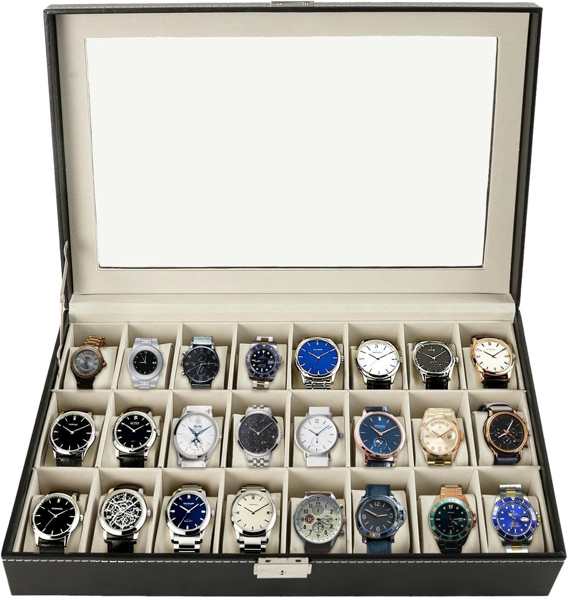 Elegante Horlogedoos met 24 Vakken en Glazen Deksel - Perfect voor Horlogeverzamelaars