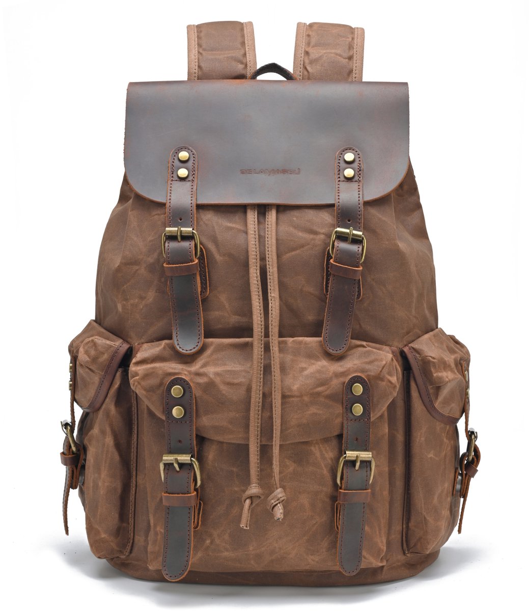 DE LAMASSU® Vintage Canvas Rugzak 16 inch Laptop – 24L – Waterafstotend – Echt Leer – 33x15,5x47 cm – Unisex Werk & Reizen