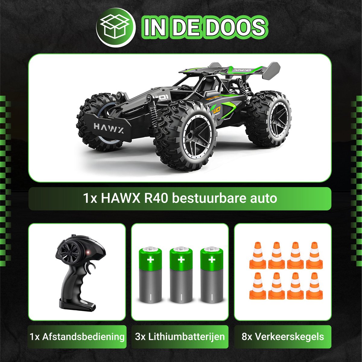 HAWX Bestuurbare Auto - RC Auto - Race Auto - Monstertruck - Afstandsbestuurbare Auto - Volwassenen en Jongens - Voor Buiten - Incl. 3 Batterijen, 8 Verkeerskegels — afbeelding 5
