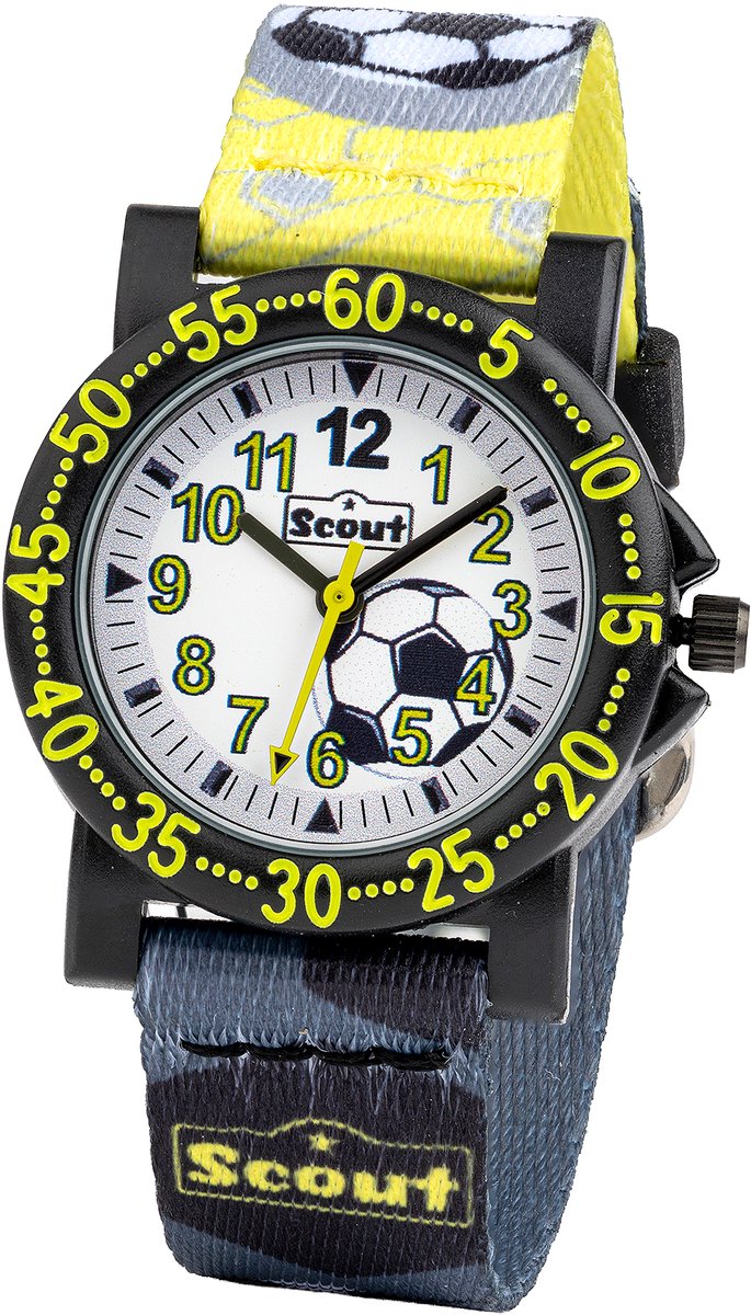 Scout Kinderuhr analog aus der Serie "The IT-Collection" mit gelb grünem Kunstlederband Fußball-Motiven und Quarzwerk