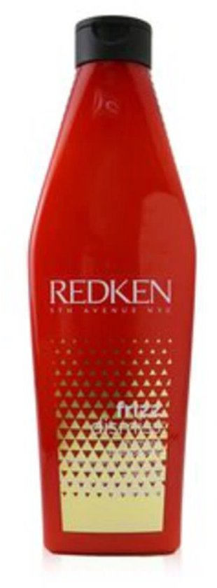 Shampoing Redken Frizz Dismiss dans une bouteille rouge brillante avec un motif doré en triangle en bas.