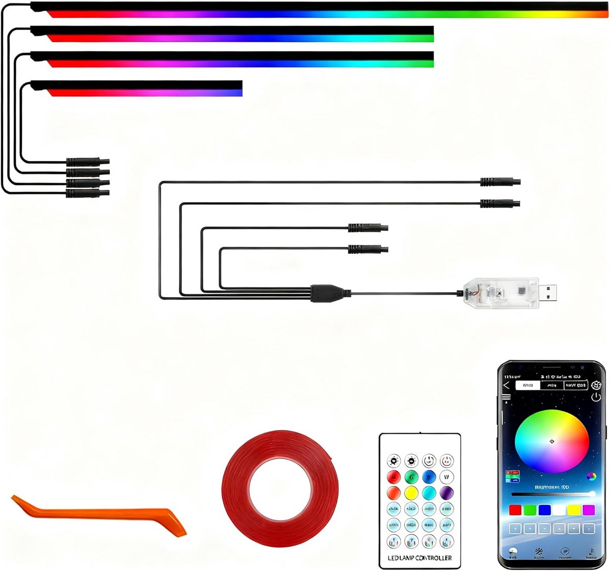Sfeervolle Acryl LED Stripset voor Auto Interieur met 16 Miljoen Kleuren en App Bediening