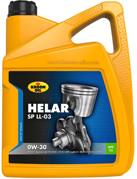 Gele jerrycan met KROON OIL HELAR SP LL-03 0W-30 motorolie. Op het label staat een afbeelding van een zuiger en krukas.