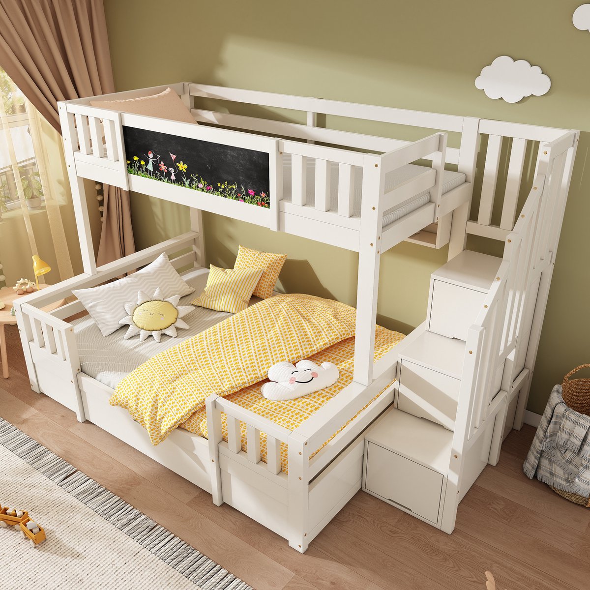 HAUSS SPOLE Stapelbed 90x200cm En 140x200cm - Zonder matras - Met Krijtbord, Opbergladderkast En Lades - Kinderslaapkamer - Hout En Metaal - Wit