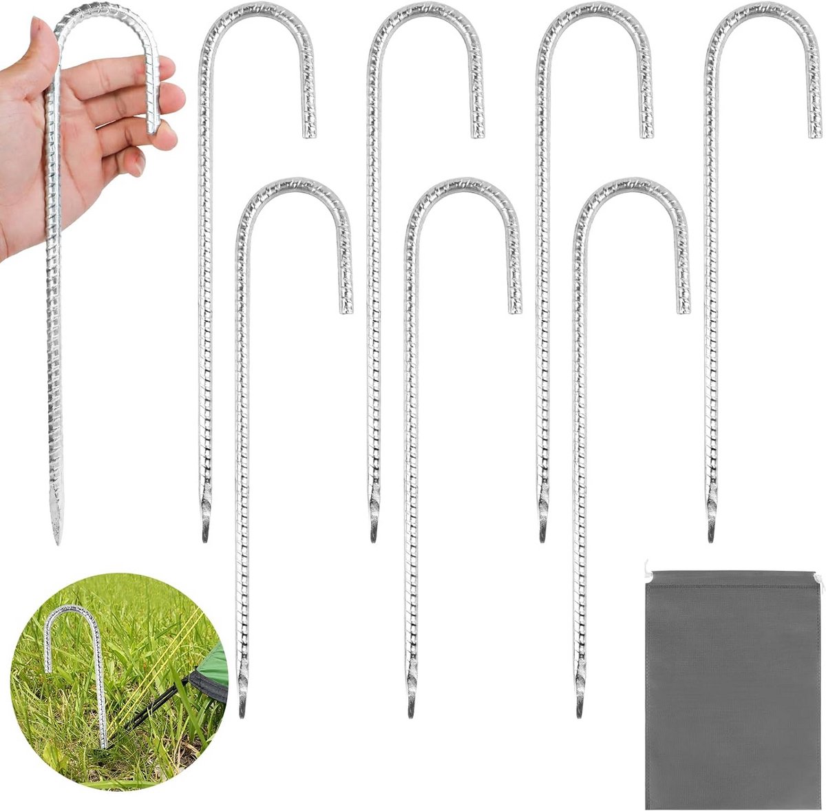 8x Sterke Tentpennen Haringen J-Haak 30CM voor Tent, Trampoline, en Camping