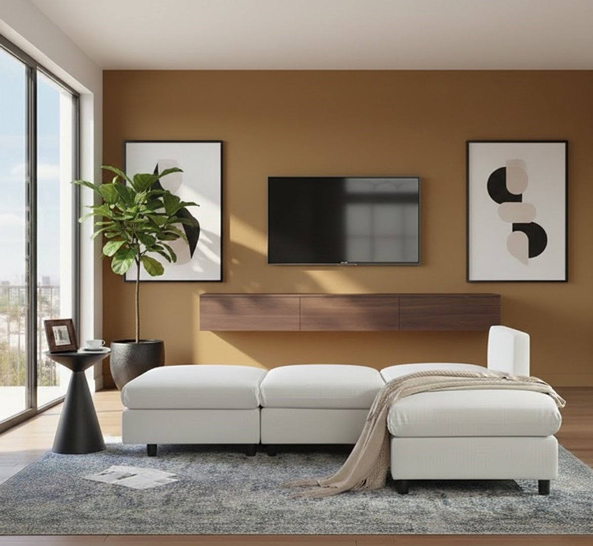 uxe L-vormige Hoekbank met Voetenbank – 3-4 Persoons Moderne Beige Sofa – Comfortabele Woonkamerbank met Armleuningkussens, Lendenkussens en High-Rebound Schuim House&Garden