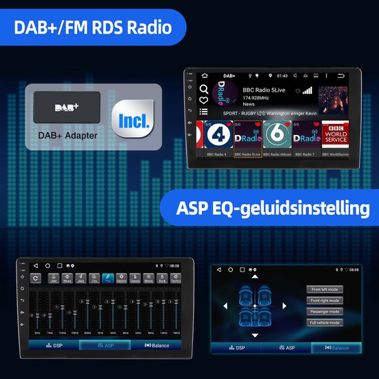 Autoradio met DAB+/FM RDS radio, DAB+ adapter, geluidsinstelling en rijmodus.