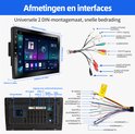 Afmetingen en interfaces van de autoradio met kabels en aansluitingen.