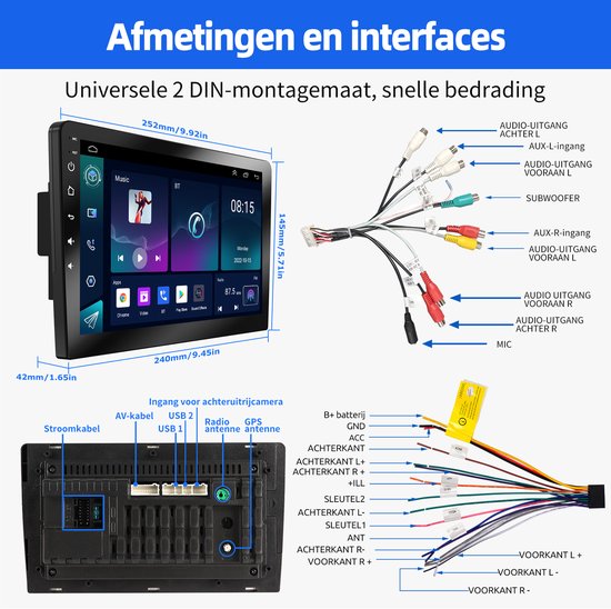 Afmetingen en interfaces van de autoradio met kabels en aansluitingen.