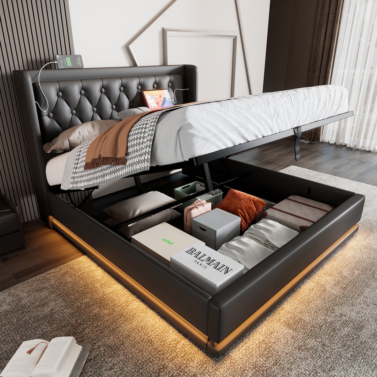 MIVRAY Gestoffeerd Bed 180x200cm Zonder Matras - Met Hydraulische Opbergruimte En Usb Opladen - Driezijdige Led - Pu - Zwart