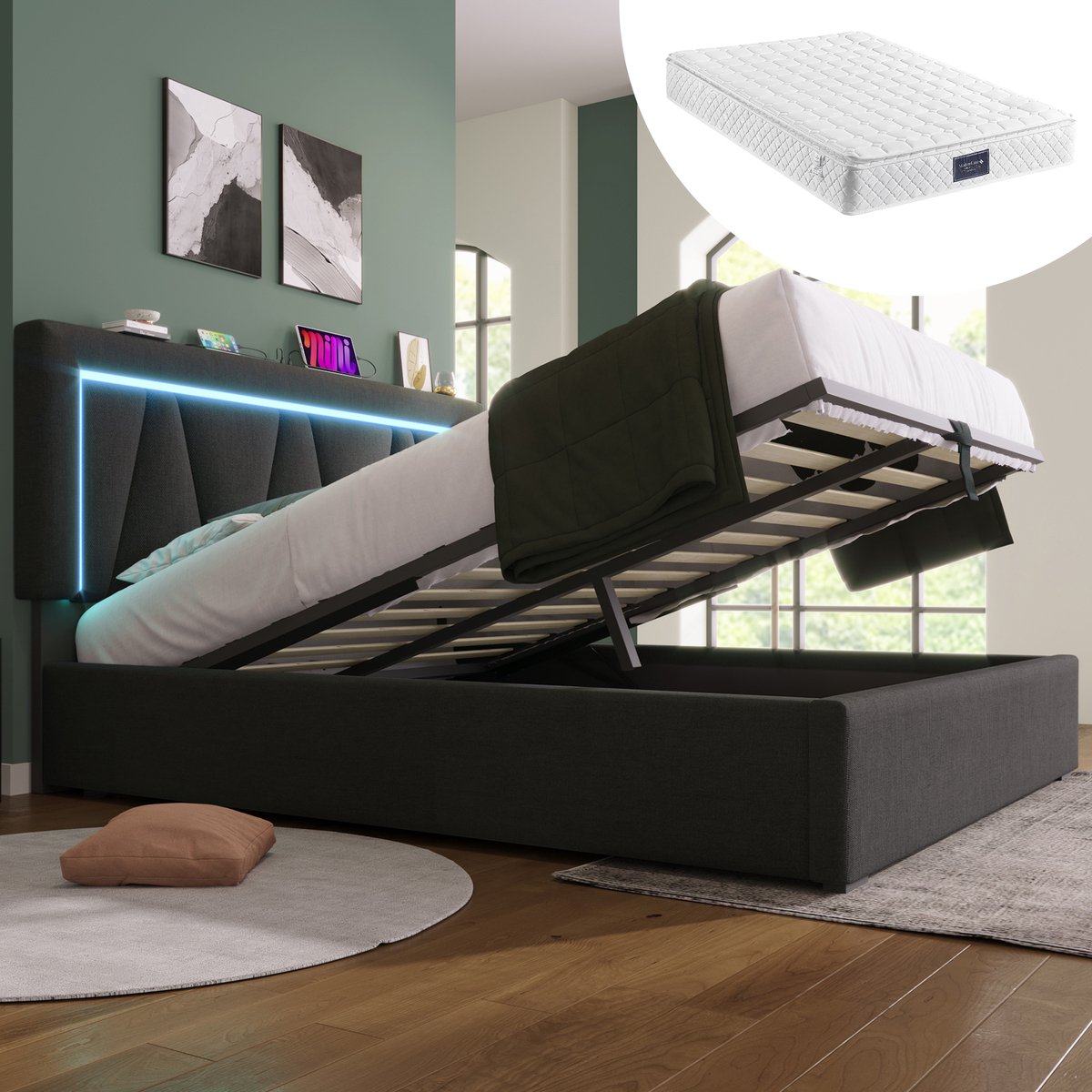 MIVRAY Gestoffeerd Bed 140x200 Cm - Met Led Verlichting En Usb C Laadpunt - Met Opbergruimte - Linnen - Grijs - Met Matras