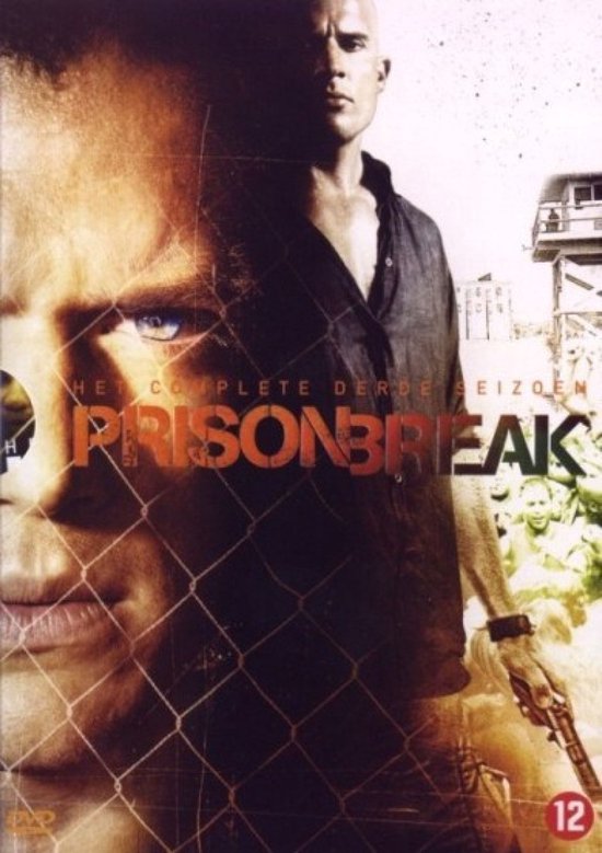 DVD hoes met de tekst 'PRISONBREAK' en een close-up van de gezichten van Michael Scofield en Lincoln Burrows. Achtergrond met andere personages en een gevangenis.
