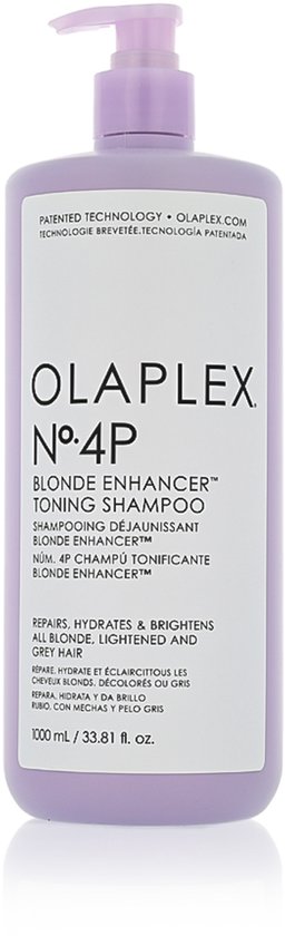 Lichtpaarse fles met pompdispenser, met daarop 'OLAPLEX N°.4P BLONDE ENHANCER TONING SHAMPOO'.
