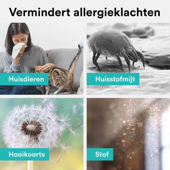 Vier afbeeldingen: een vrouw met tissue, huisstofmijt, paardenbloem en stofdeeltjes, met de tekst 'Vermindert allergieklachten'.