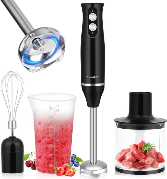Dreamhigh® Staafmixer 4-in-1 Set - Elektrische Staafmixer - 500W - 2 Snelheden - Inclusief Hakmolen - Garde - 500ml Melkopschuimer & 700ml Maatbeker – voor Babyvoeding - Soepen - Smoothies - Purees