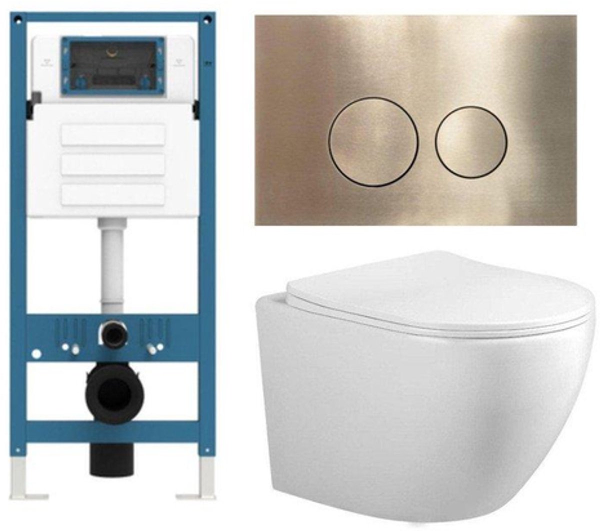 FugaFlow Eccelente Press Toiletset - 48.5x36x32cm - diepspoel - spoelrandloos - inbouwreservoir - softclose - quickrelease - toiletzitting - goud geborsteld metalen bedieningsplaat - ronde knoppen - wit