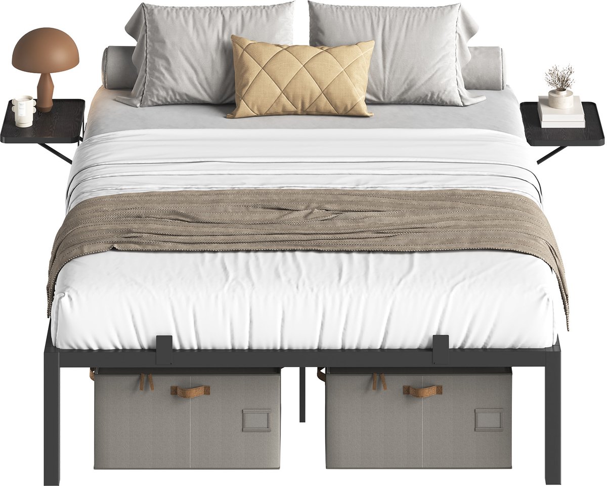 Vasagle Bed - Metalen Bed - Dubbelbed met Opbergplanken - Eenvoudige Montage Zwart