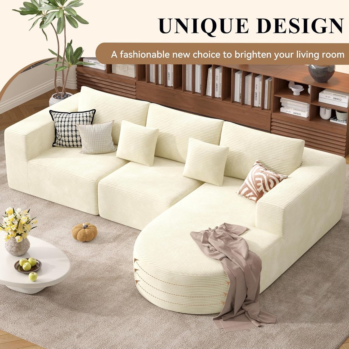 Hoekbank met Slaapfunctie L-vorm 264 x 177 x 59 cm – Installatievrije 3-zits Slaapbank met Chaise Longue Rechts – Corduroy Fluweel – Comfortabele Frameloze Bank – Beige – Laura