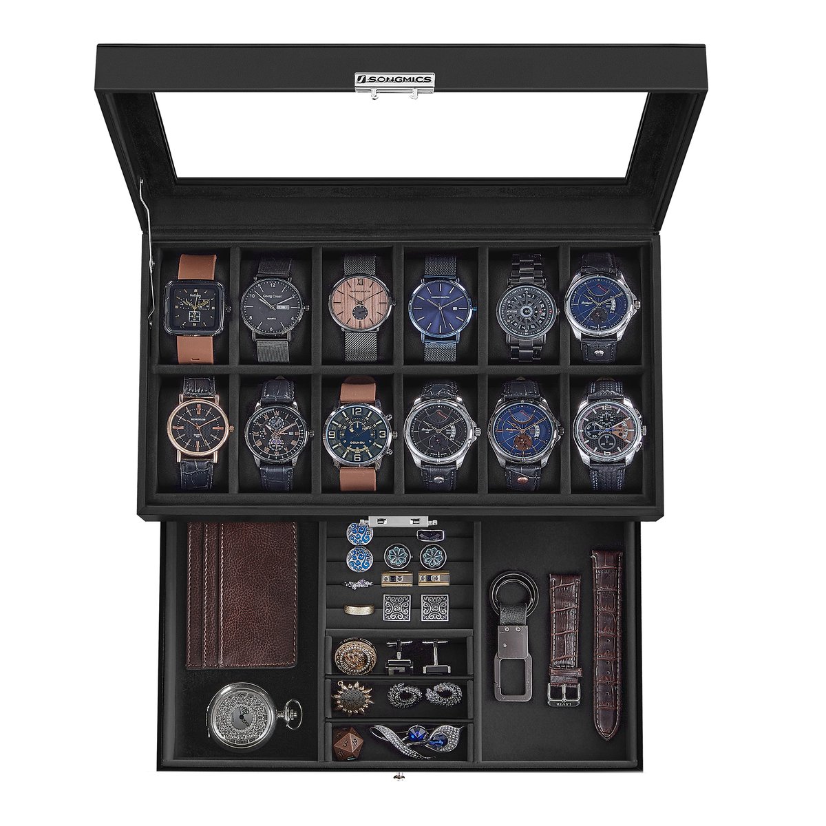 SONGMICS JWB012B03 - Horlogebox met Glazen Deksel - 2 Lagen - Voor 12 Horloges - Met Lade en Slot