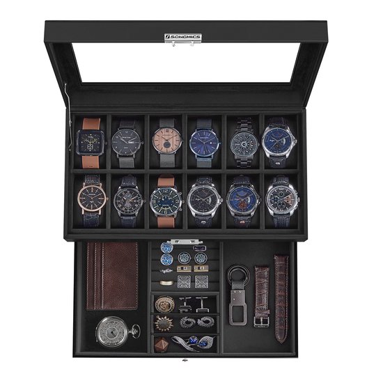 Zwarte horlogebox met glazen deksel, 12 horlogevakken bovenin en een lade met diverse accessoires.