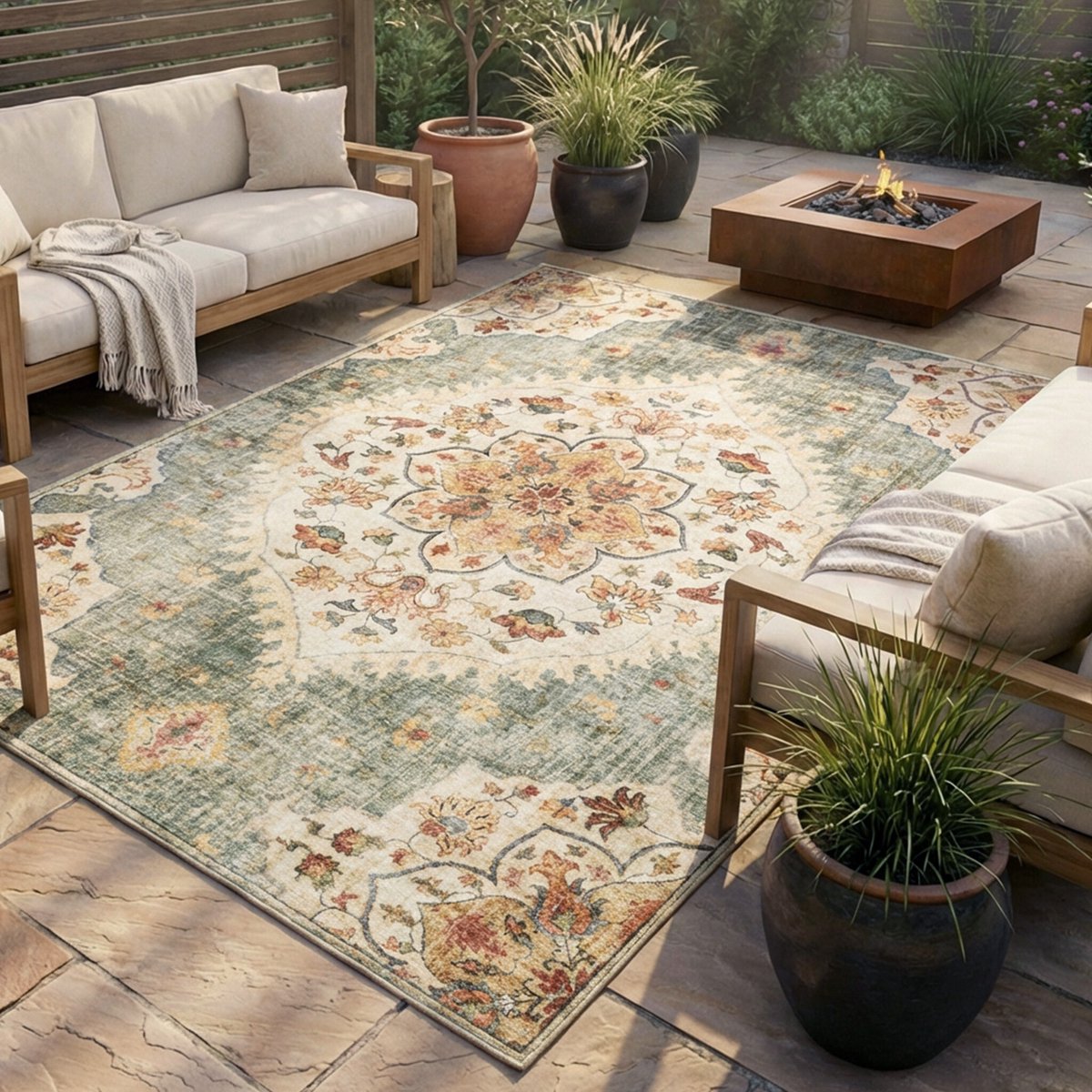 FRAAI Vintage buitenkleed - Santo Mandala Olijfgroen - 160x230cm