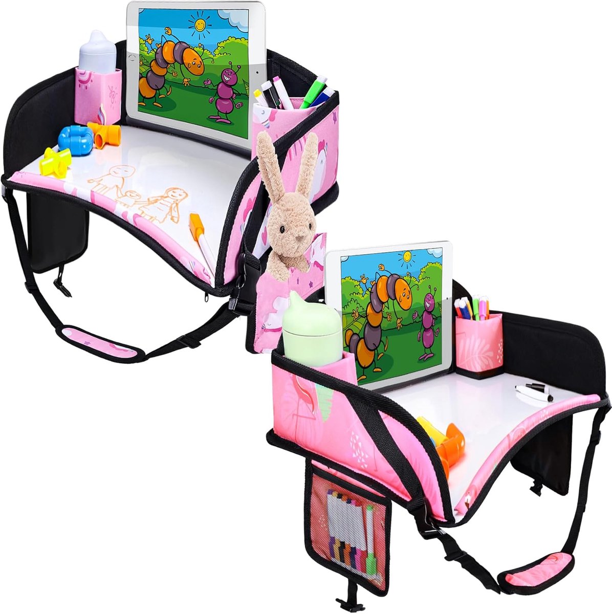 Reisdienblad Kinderen - Autostoel Dienblad - Auto Reizen - Inclusief Tekenset - 43x34x4cm - Roze