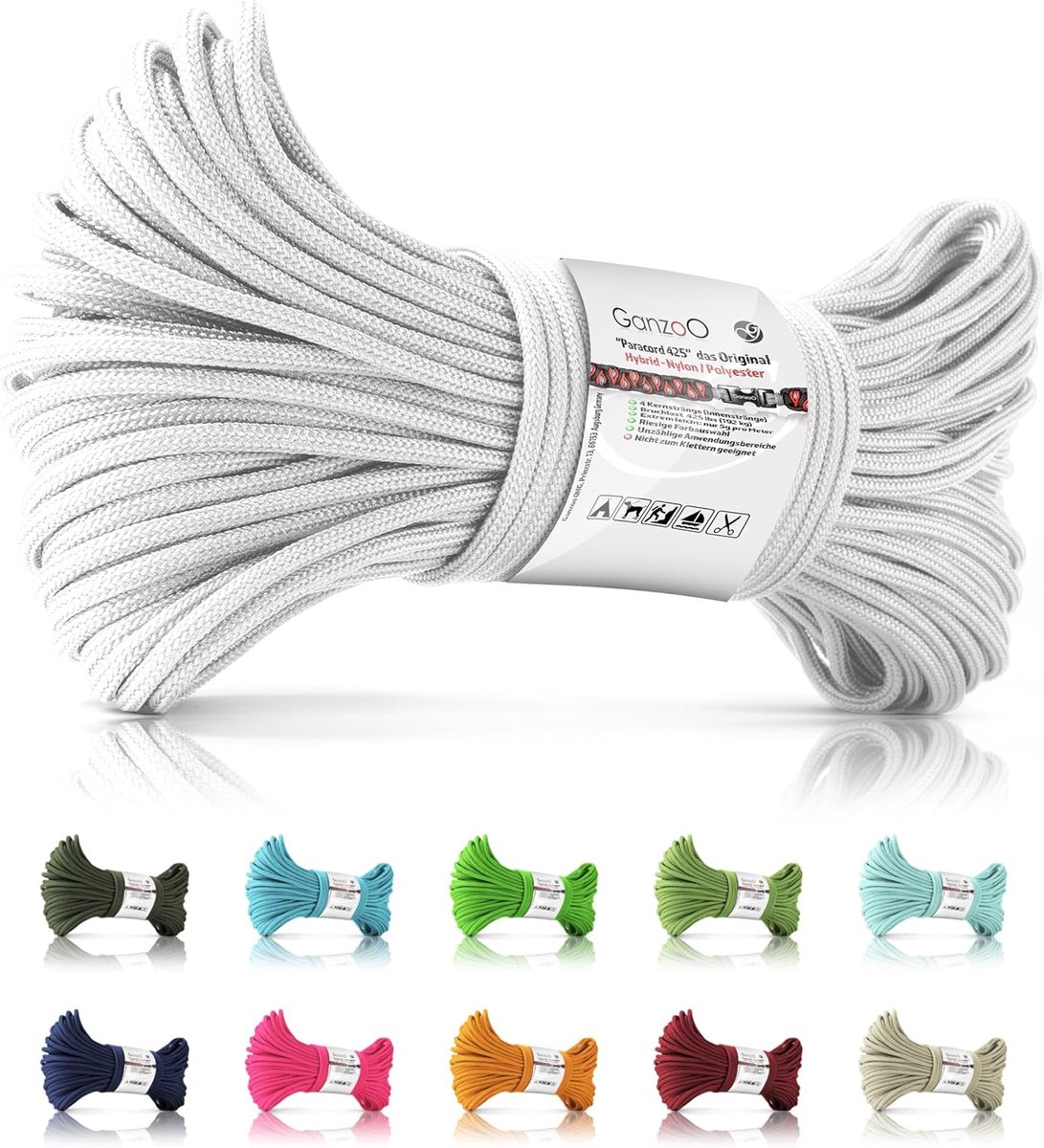 Paracord Touw - Nylon Koord - Outdoor Activiteiten - 425 Pond Treksterkte - 30 Meter Lengte - Wit