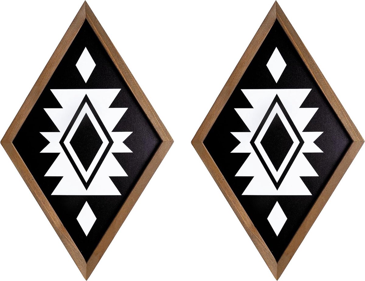 Wanddecoratie Houten Diamant - Tribal Muurkunst - Bohemian Woonkamer - Geometrisch 2-delig - 53 x 33 cm - Wit