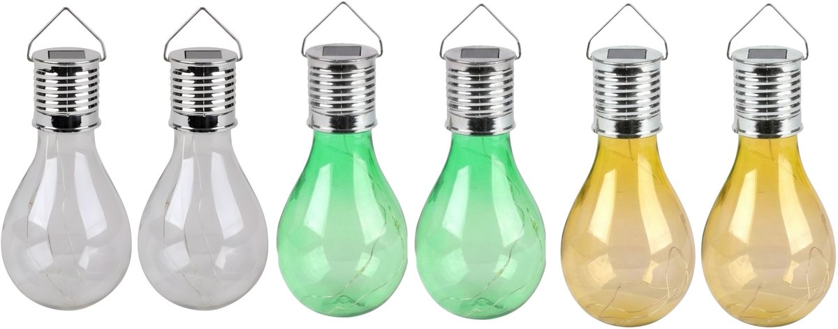 Solar sfeer tuin hanglampje - 6x stuks - wit / geel / groen - 15 cm - kunststof - sfeerver