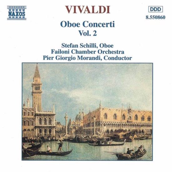 Vivaldi Oboe Concerti Vol. 2 CDhoes met schilderij van Venetië, incl. de Naxos logo, titel en uitvoerders.