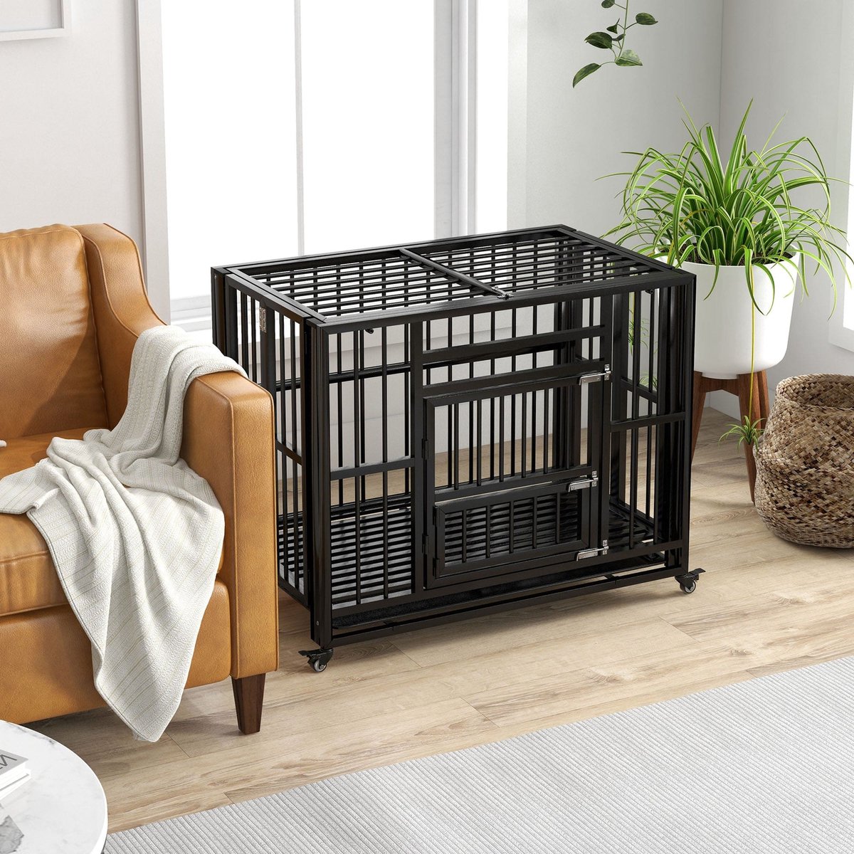 Hondenbench – Hondenkooi – Hondenren – Hondenhok – Hondenverblijf – Vouwbaar Ontwerp – Universele Wieltjes – Uitneembare Bodemtray – Zwart – 94 x 58 x 78 cm