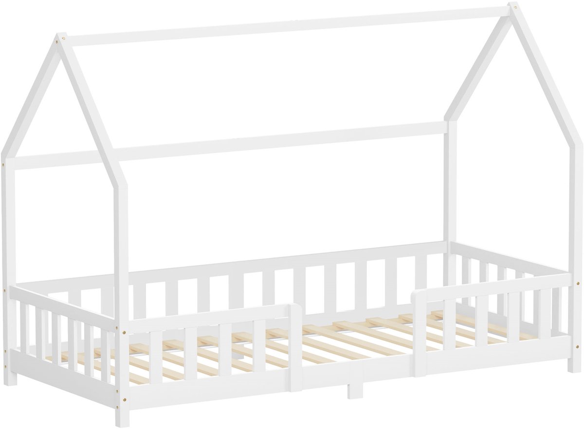 ml-design kinderbed montessori 90x200 cm met valbeveiliging houten huisbed voor meisjes en jongens massief grenenhout wit dak lattenbodem duurzaam jeugdbed peuterbed juniorbed veilig en laag kinderbed slaapplaats kinderkamer bedframe