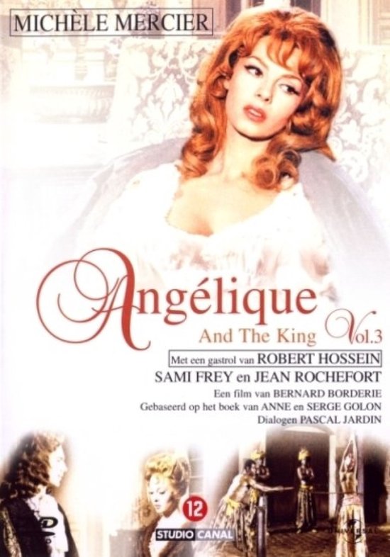Michèle Mercier met rood krullend haar in een witte kanten jurk, met de titel 'Angélique and The King Vol. 3'.