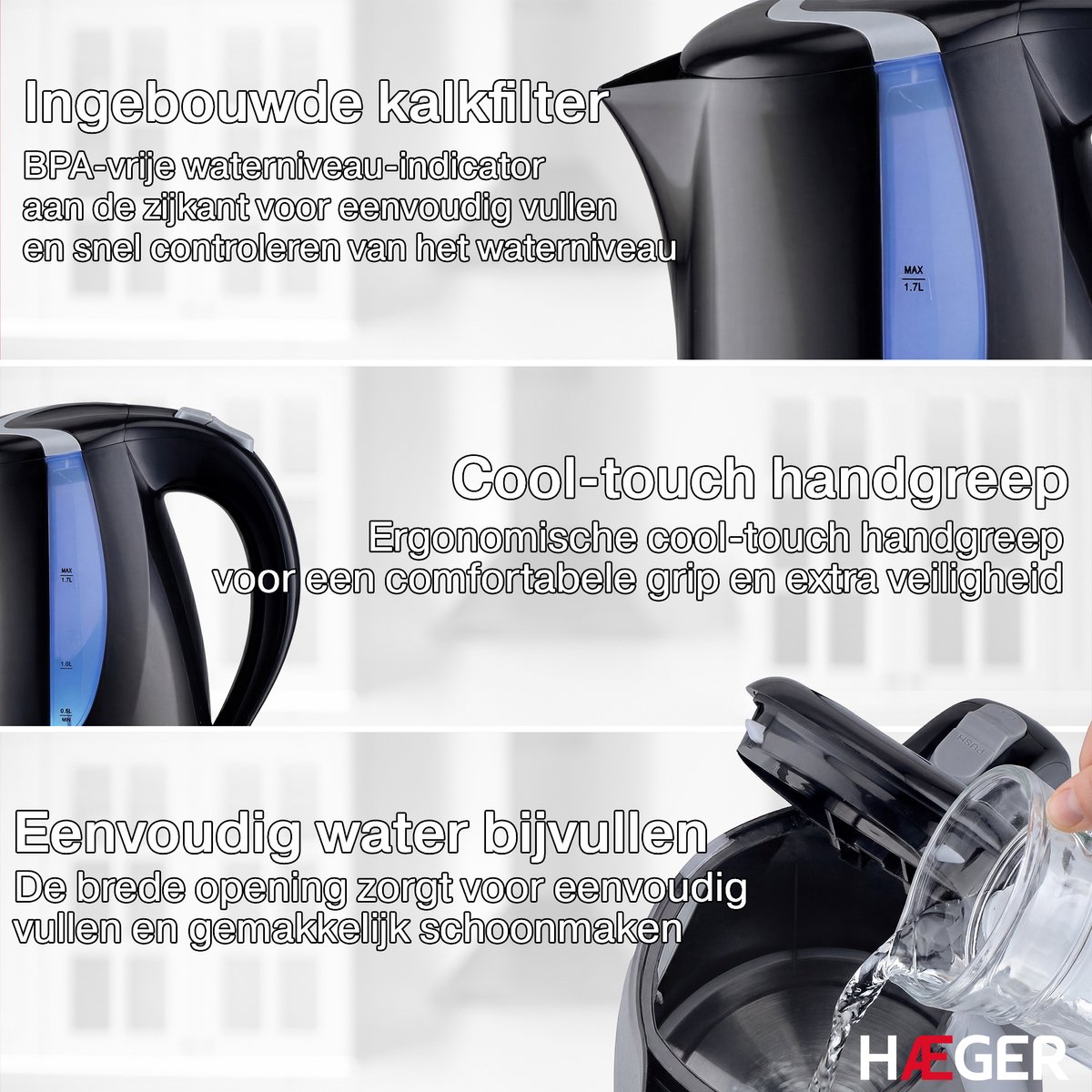 Haeger Blackness Waterkoker - 360° draaibaar - 1.7L - 2200W - Elektrisch - Cool Touch - Zwart — afbeelding 3